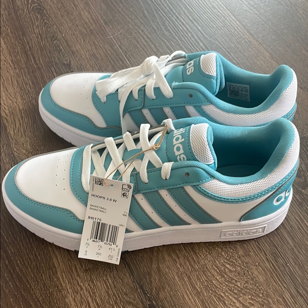 Adidas Aqua and White Hoops Sneakers